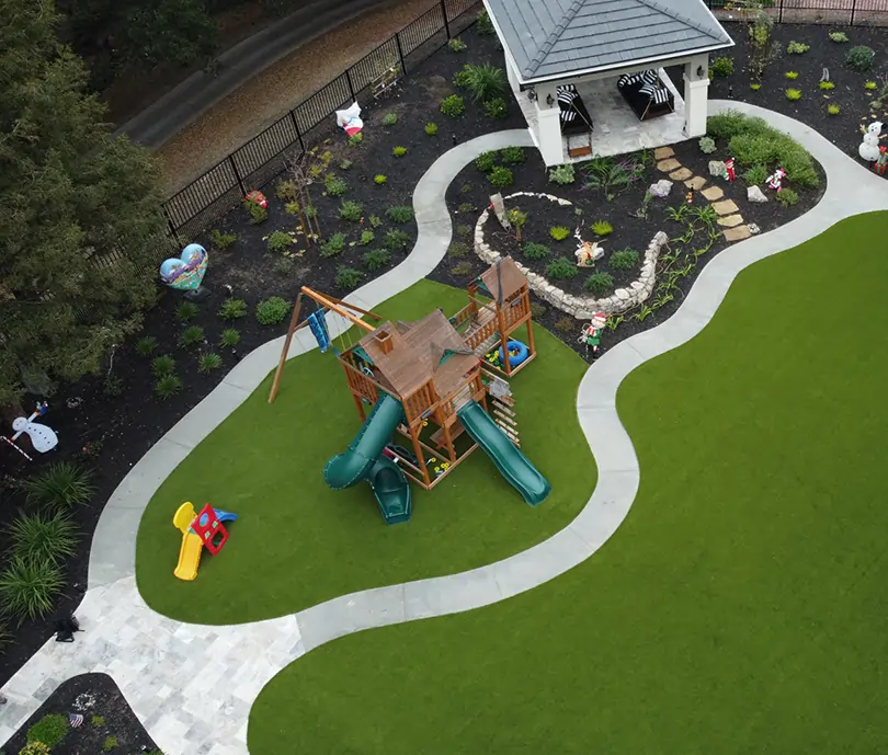 Drone shot of an artificial grass playground