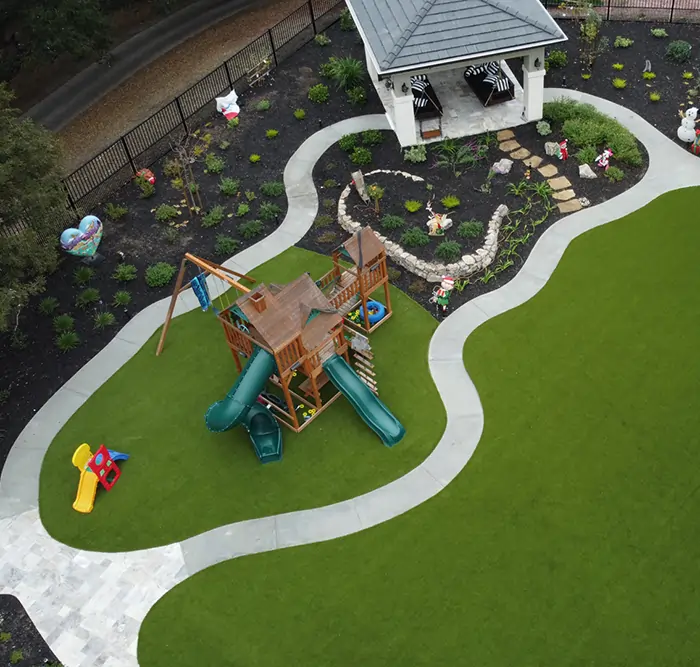 Artificial grass playground drone shot installed by SYNLawn